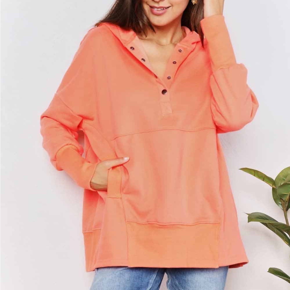 NEW Double Take Quarter Snap Oversized Boyfriend Hoodie Hooded Sweatshirt